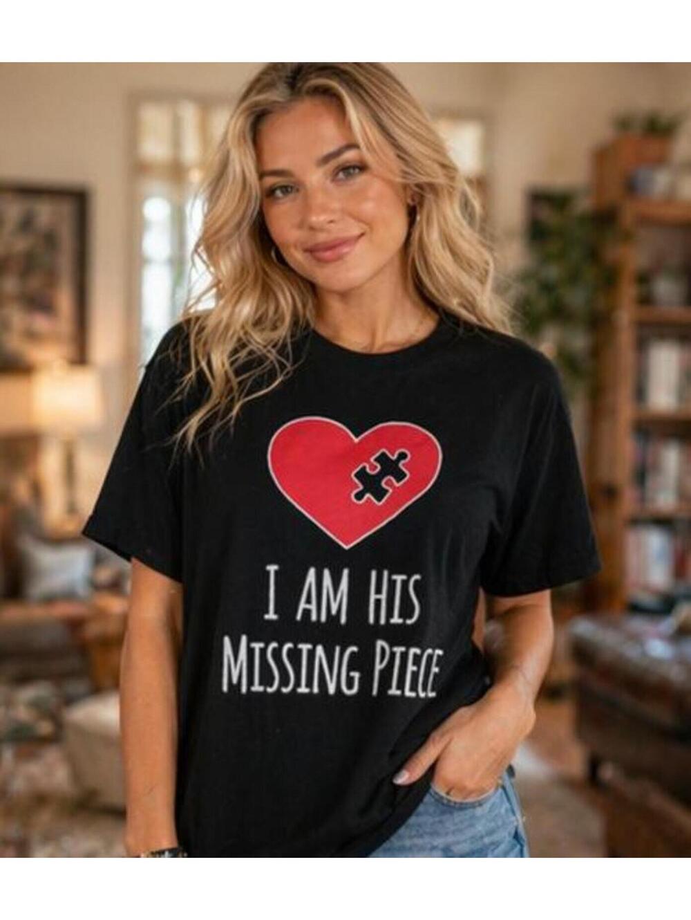 Autism Awareness Black 'I Am His Missing Piece' T Shirt Sz S
